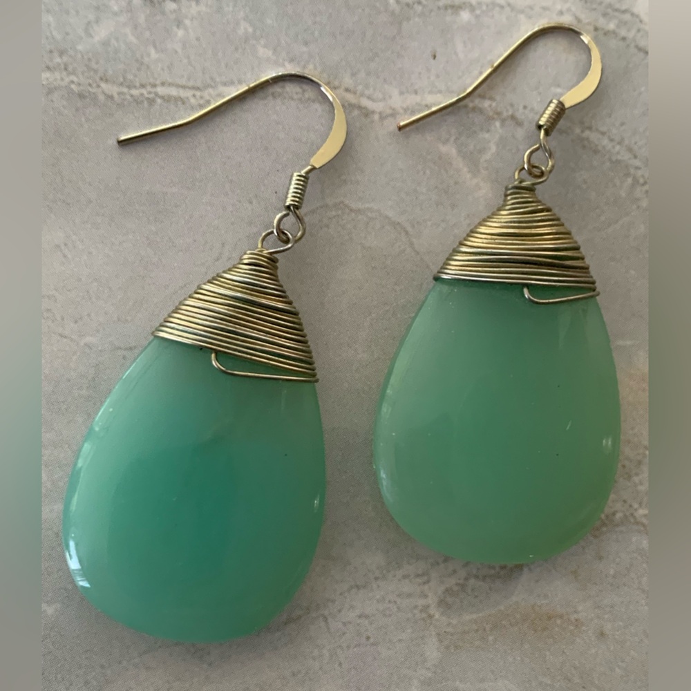 Faux Jade Green Teardrop Wire wrap Earrings